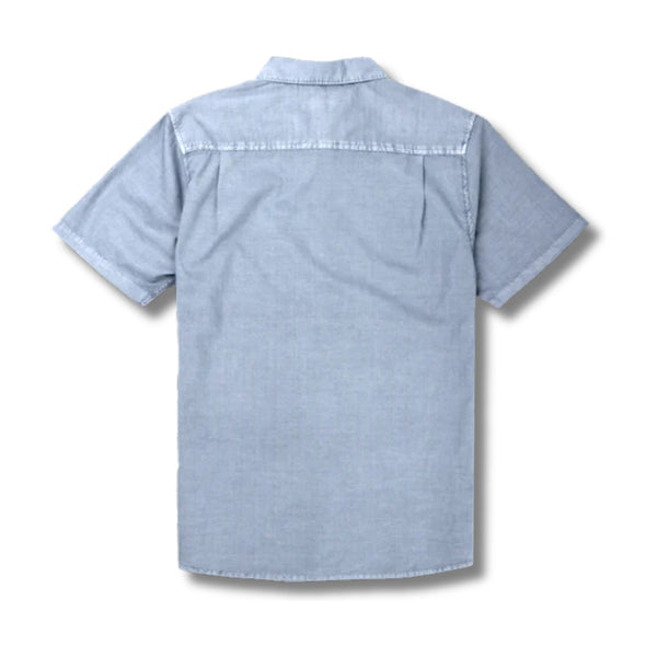 Back view of Roark Made To Fade short sleeve button up shirt in washed slate with faded finish – Rooster