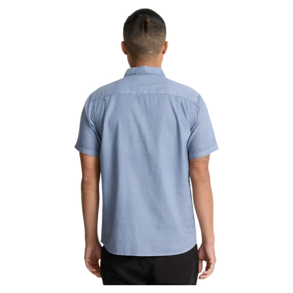 Back view of Roark Made To Fade short sleeve button up shirt in washed slate with faded finish on model– Rooster