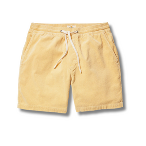 Front view of Marine Layer 6" Saturday Corduroy Short in New Wheat featuring a tailored fit, elastic waistband with drawstring, and soft vintage-washed corduroy