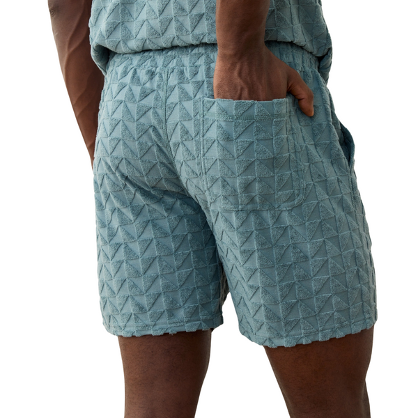Back view of Marine Layer 6" Towel Terry Short in North Atlantic with single back pocket and comfortable lounge fit