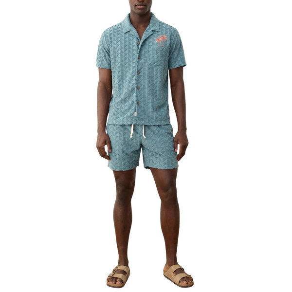 Front view of Marine Layer 6" Towel Terry Short in North Atlantic featuring an elastic drawstring waistband, relaxed fit, and soft terry cloth fabric