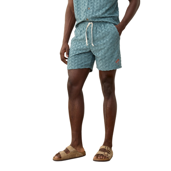 Front view of Marine Layer 6" Towel Terry Short in North Atlantic featuring an elastic drawstring waistband, relaxed fit, and soft terry cloth fabric