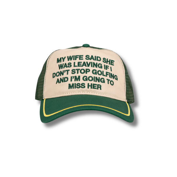Front view of the Miss Trucker Hat in green with bold embroidered "Miss" graphic on foam panel