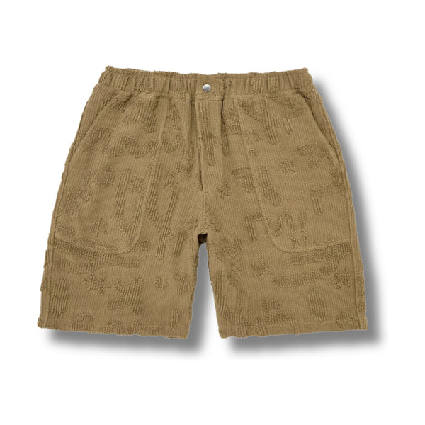 Front view of OAS Cleo Nico Shorts featuring a mid-length cut, elastic waistband with drawstring, and vibrant abstract print
