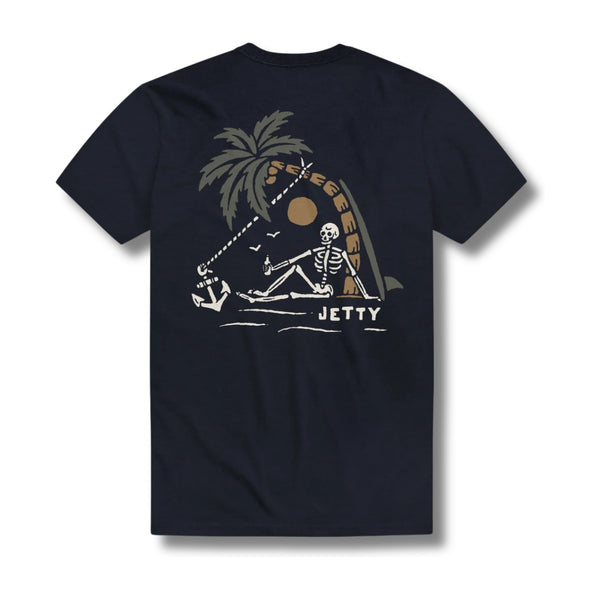 Back view of Jetty No Man’s Land Tee in navy with large printed graphic across the shoulders