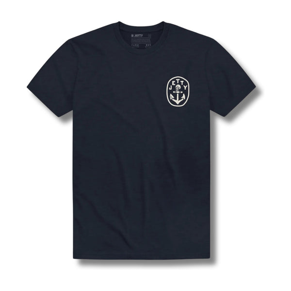 Front view of Jetty No Man’s Land Tee in navy featuring a relaxed fit and small chest graphic