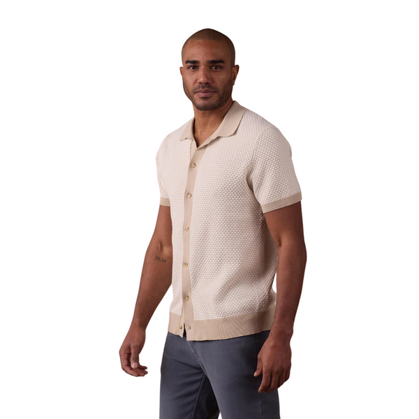 Side view of Robles Knit Jacquard Button-Up in Ivory and Khaki showing short sleeves, soft knit texture, and modern collar styling