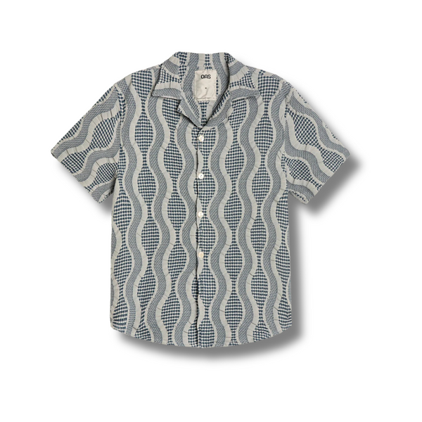 Front view of the OAS Como Cuba Waffle Shirt featuring a relaxed fit, short sleeves, and textured waffle-knit fabric in a muted tone