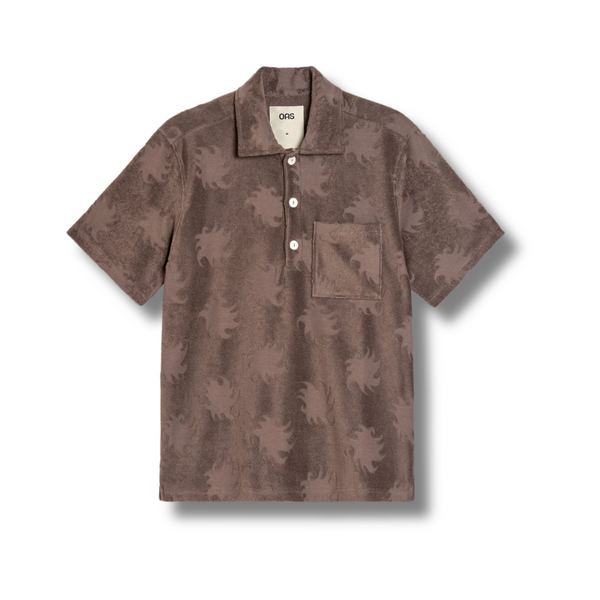 Flat lay of the OAS Ember Girona Terry Shirt displaying geometric pattern, button-up front, and terry cloth texture