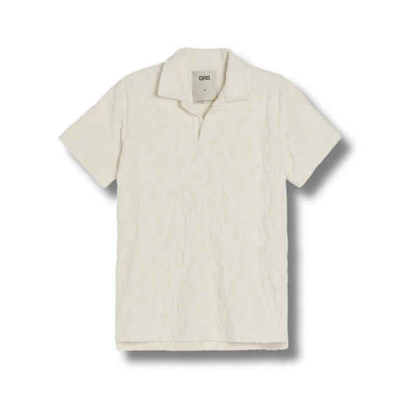 Flat lay of OAS Polo Terry Shirt in Summit showing the soft terry texture, button placket, and structured polo collar