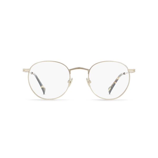 Front view of Raen Benson II eyeglasses in satin Japanese gold with brindle tortoise accents and clear lenses