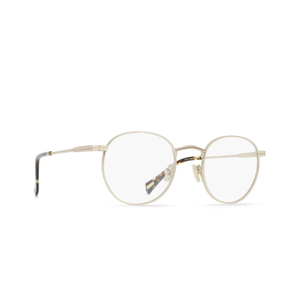 Side view of Raen Benson II frames showing brindle tortoise temple arms and sleek gold frame design