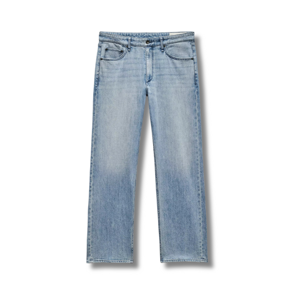 Flat lay of Rag & Bone Fit 4 Straight Fit Jeans in Fletcher showcasing straight leg, front button closure, and durable medium-wash denim