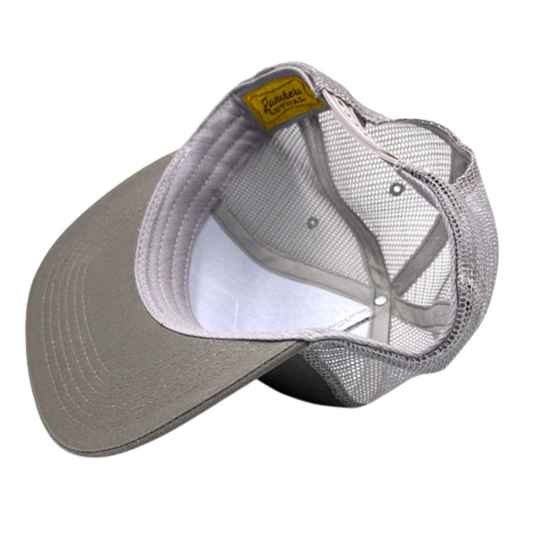 Back of Ranchero Revival Longhorn Trucker Hat in gray with adjustable snapback and mesh paneling