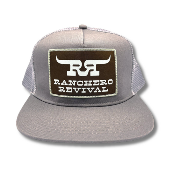 Front view of Ranchero Revival Longhorn Trucker Hat in gray featuring embroidered longhorn patch on structured front panel