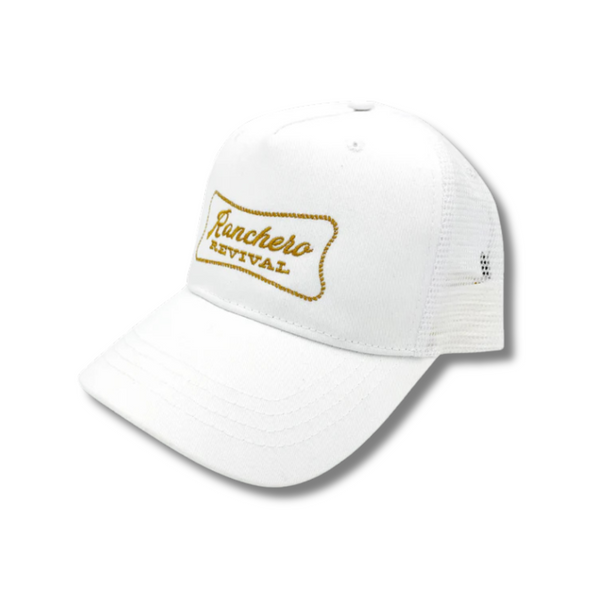 Side view of white Ranchero Revival Ranchero Trucker Hat showing mesh back and curved brim