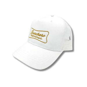 Side view of white Ranchero Revival Ranchero Trucker Hat showing mesh back and curved brim