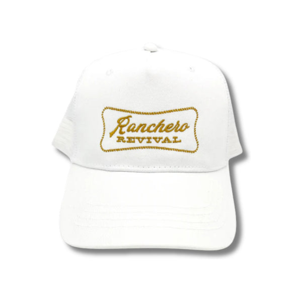 Front view of Ranchero Revival Ranchero Trucker Hat in white featuring bold Ranchero patch on structured front panel