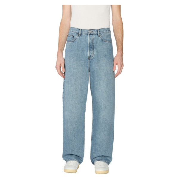 Front view of Frame Relaxed Jean in Jefferson featuring a dark indigo wash, relaxed fit through the hip and thigh, and classic five-pocket design