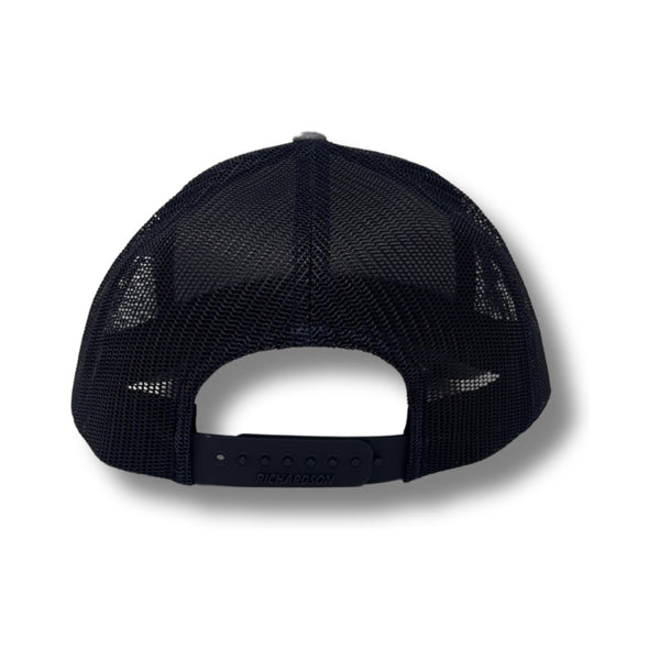 Back view of Local Stated Retro Pine Hat in Heather Grey and Navy with adjustable snapback closure and white mesh paneling