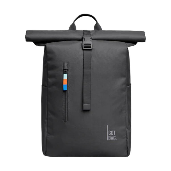 Front view of GOT BAG Roll Top Easy backpack in Shark, featuring minimalist design with roll-top closure and front logo patch