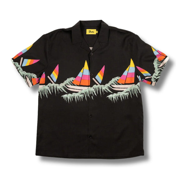 Front view of Duvin Sailing Button-Up in Black featuring a relaxed fit, lightweight fabric, and all-over nautical-inspired print