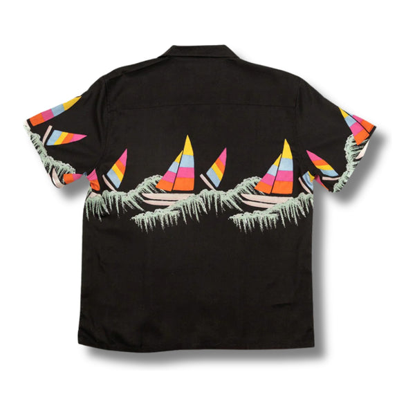 Back view of Duvin Sailing Button-Up in Black with a clean hem and continuous sailing print across the back