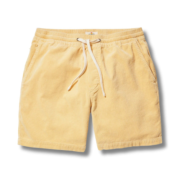 Front view of Marine Layer 6" Saturday Corduroy Short in New Wheat featuring a tailored fit, elastic waistband with drawstring, and soft vintage-washed corduroy