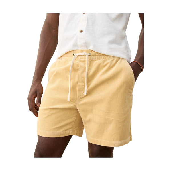 Front view of Marine Layer 6" Saturday Corduroy Short in New Wheat featuring a tailored fit, elastic waistband with drawstring, and soft vintage-washed corduroy