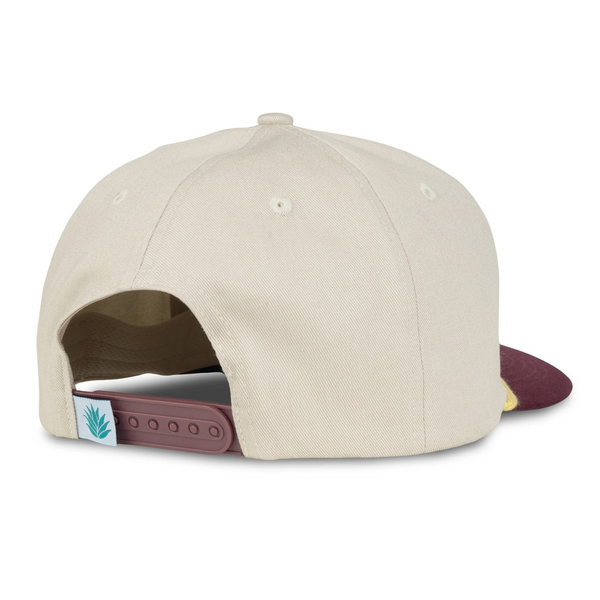 Back of Sendero Buena Suerte Hat in cream and maroon with adjustable snapback closure and contrast mesh panel