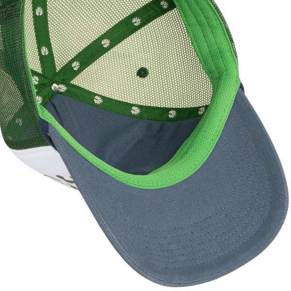 Flat lay of Sendero Easy Does It Hat in White/Green highlighting the embroidered front patch, curved green brim, and structured front panel