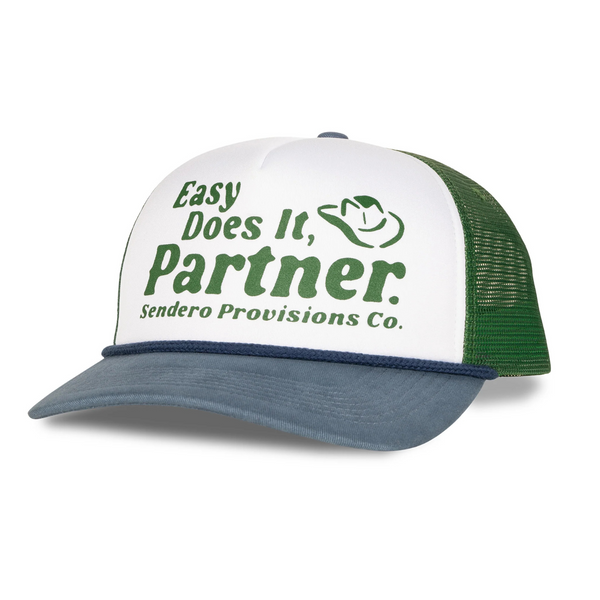 Front view of Sendero Easy Does It Hat in White and Green featuring a retro-style embroidered “Easy Does It” patch on a structured crown with a green curved brim