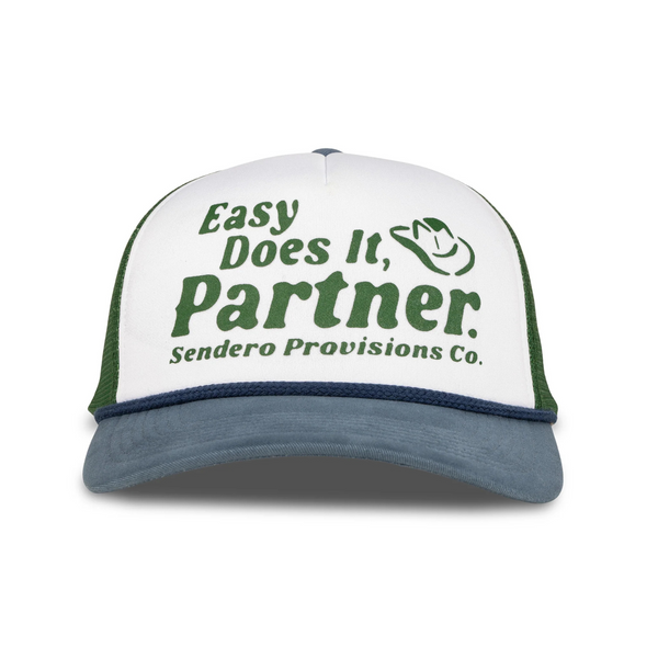 Front view of Sendero Easy Does It Hat in White and Green featuring a retro-style embroidered “Easy Does It” patch on a structured crown with a green curved brim