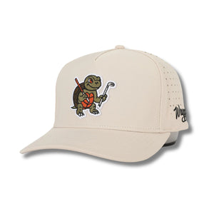 Front view of Waggle Snapper Hat featuring an embroidered fish swinging a golf club on a structured five-panel crown with a curved brim