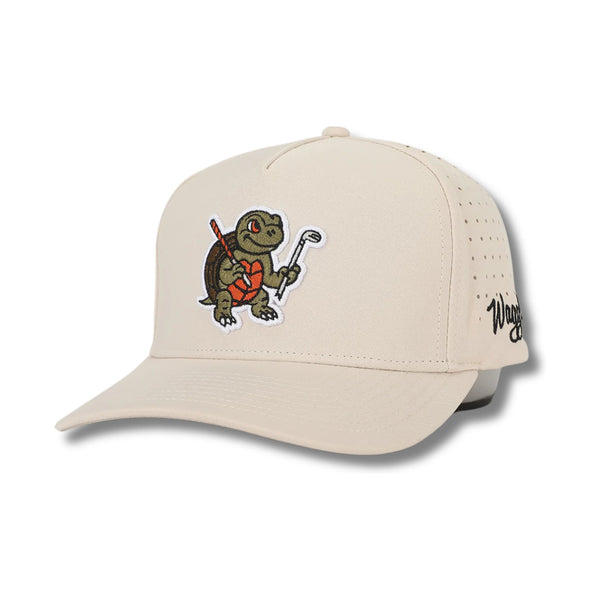 Front view of Waggle Snapper Hat featuring an embroidered fish swinging a golf club on a structured five-panel crown with a curved brim