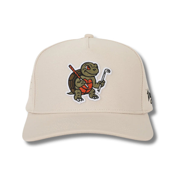 Front view of Waggle Snapper Hat featuring an embroidered fish swinging a golf club on a structured five-panel crown with a curved brim