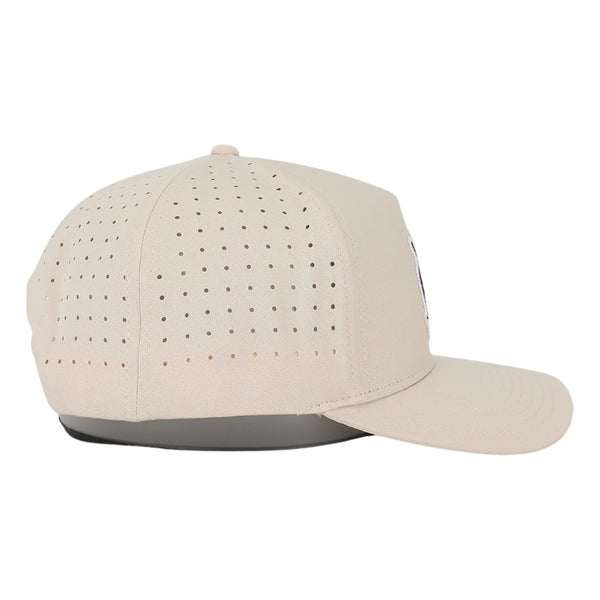 Side view of Waggle Snapper Hat showing breathable mesh side panels, mid-profile fit, and athletic performance styling