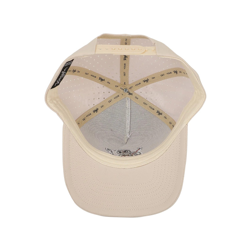 Flat lay of Waggle Snapper Hat highlighting embroidered fish golf graphic, curved visor, and moisture-wicking performance fabric