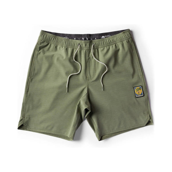 Flat lay of Vissla Solid Sets Ecolastic Boardshort in Surplus highlighting the drawstring waist, 17.5" inseam, and durable, sustainable construction