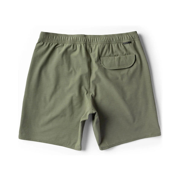 Back view of Vissla Solid Sets 17.5" Boardshort in Surplus with single back patch pocket and tonal stitching