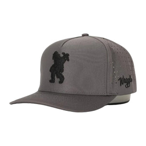 Front view of Waggle Sasquatch Hat in Grey featuring a detailed embroidered Sasquatch swinging a golf club on a structured five-panel crown