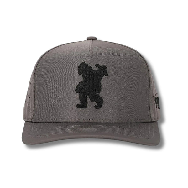 Front view of Waggle Sasquatch Hat in Grey featuring a detailed embroidered Sasquatch swinging a golf club on a structured five-panel crown