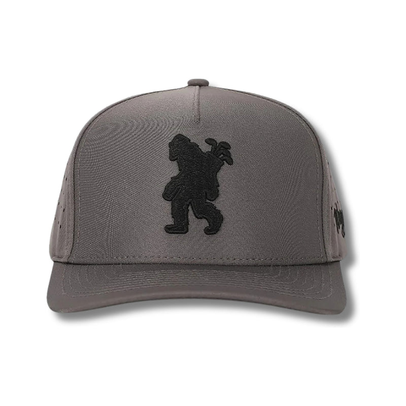 Front view of Waggle Sasquatch Hat in Grey featuring a detailed embroidered Sasquatch swinging a golf club on a structured five-panel crown