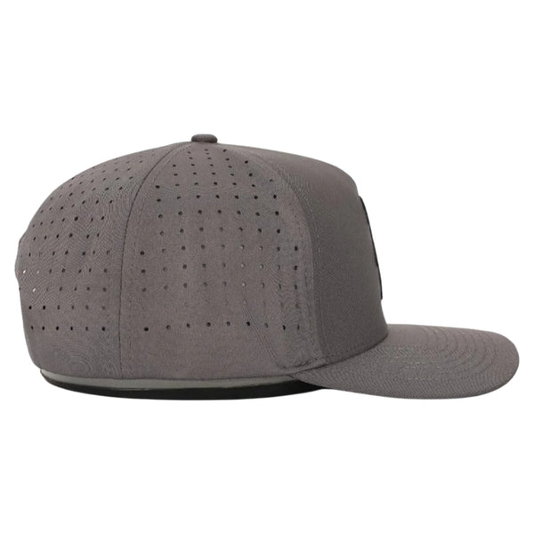 Side view of Waggle Sasquatch Hat in Grey showing curved brim, mid-profile fit, and perforated mesh panels for breathability