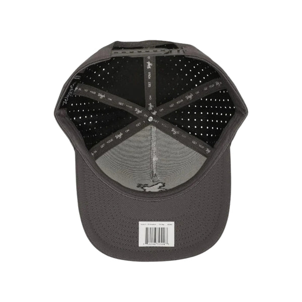 Flat lay of Waggle Sasquatch Hat in Grey highlighting the embroidered Sasquatch graphic, structured crown, and polyester-spandex blend fabric