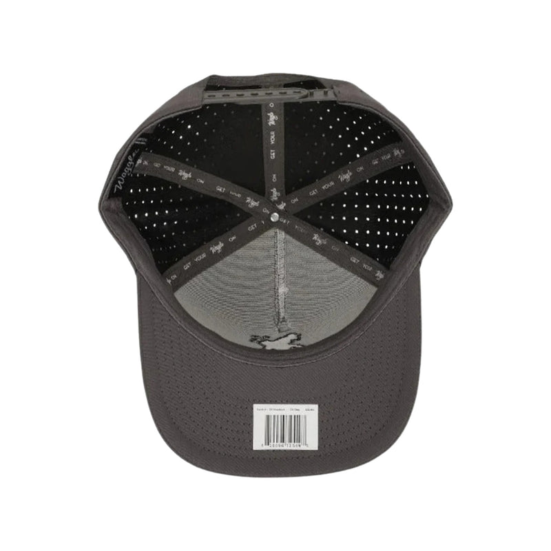 Flat lay of Waggle Sasquatch Hat in Grey highlighting the embroidered Sasquatch graphic, structured crown, and polyester-spandex blend fabric