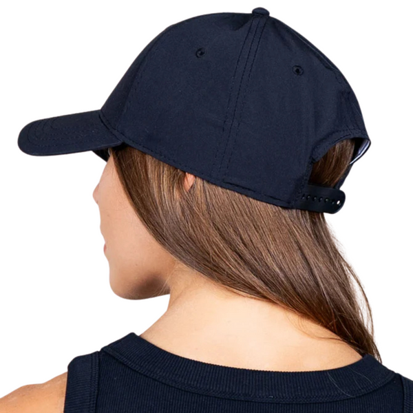 Back view of State Forty Eight Dad Hat Classic in Black & Black with adjustable strap and metal buckle closure