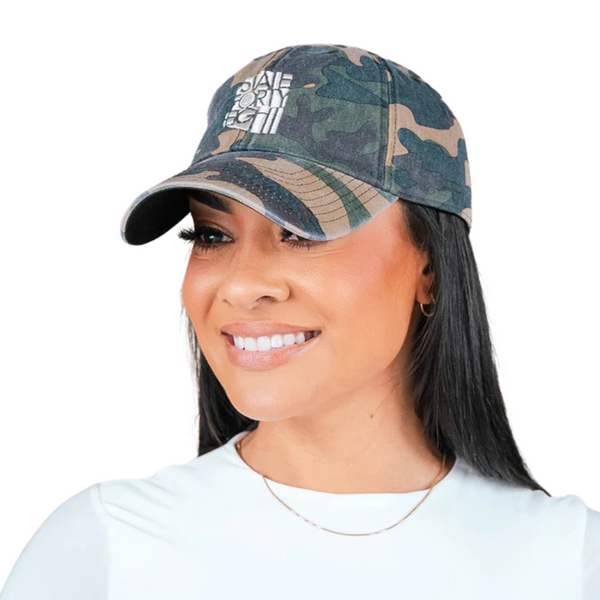 Side view of State Forty Eight Dad Hat Classic in Camo & Cream showing curved cream brim and camo-printed crown