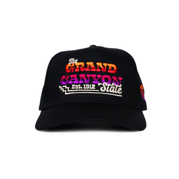 Front view of State Forty Eight Frame Snapback Grand Canyon in black featuring embroidered Grand Canyon patch on a structured crown