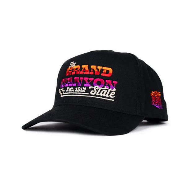Side view of State Forty Eight Grand Canyon Snapback in black showing curved brim and tonal stitching